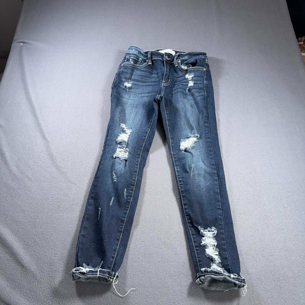 KanCan Mid Rise Skinny Jeans Womens 7/27 Dark Wash Distressed Cuffed Stretch